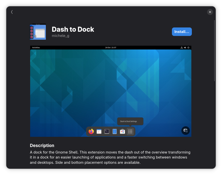 A screenshot showing the installation page of Dash to Dock extension in GNOME Shell Extension Manager application.