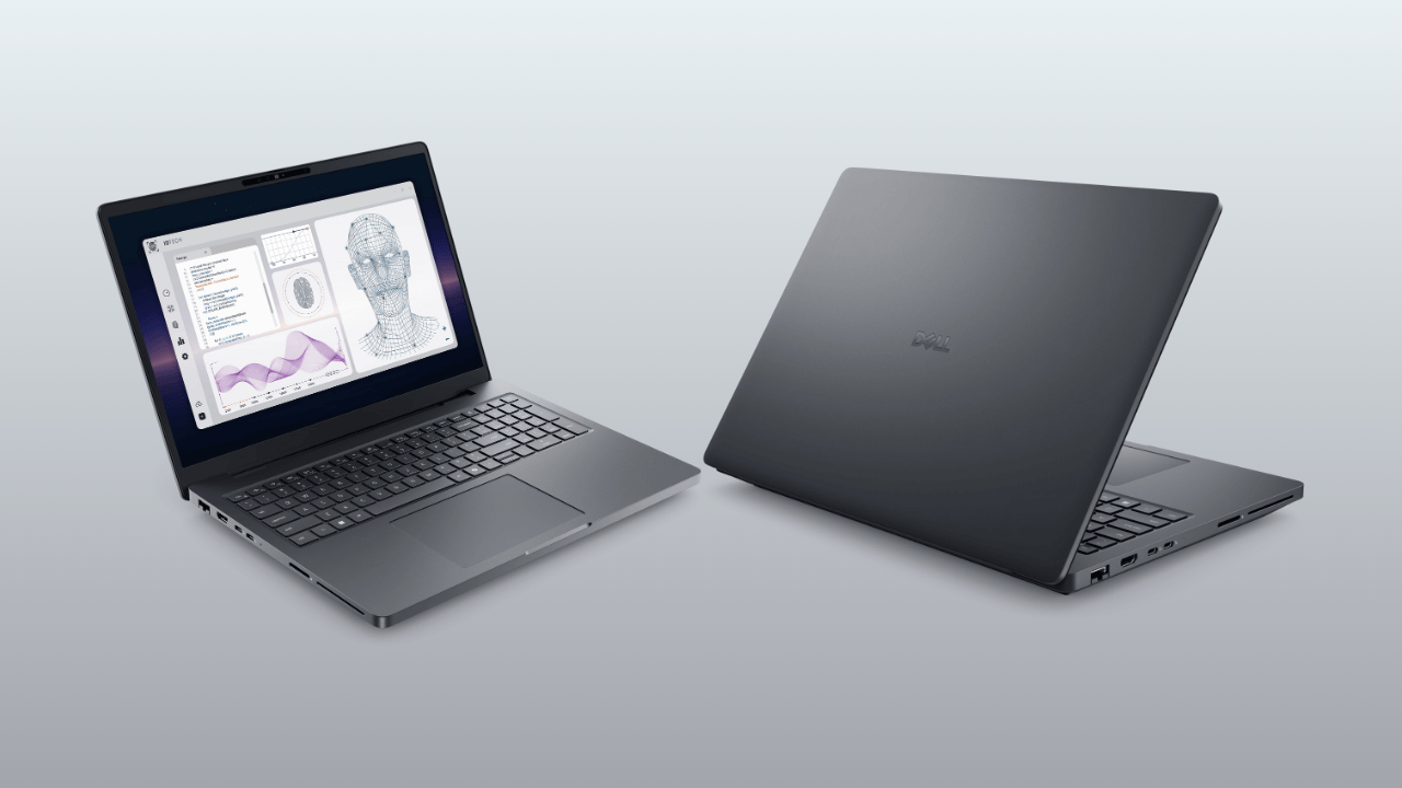 the front view of the dell pro max 16 plus is shown on the left, with an application running inside it, on the right is the rear view of the laptop with some ports visible