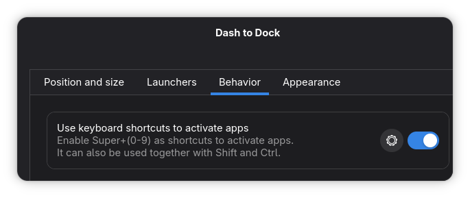 Dock app access settings in the behavior section of Dash to Dock settings.
