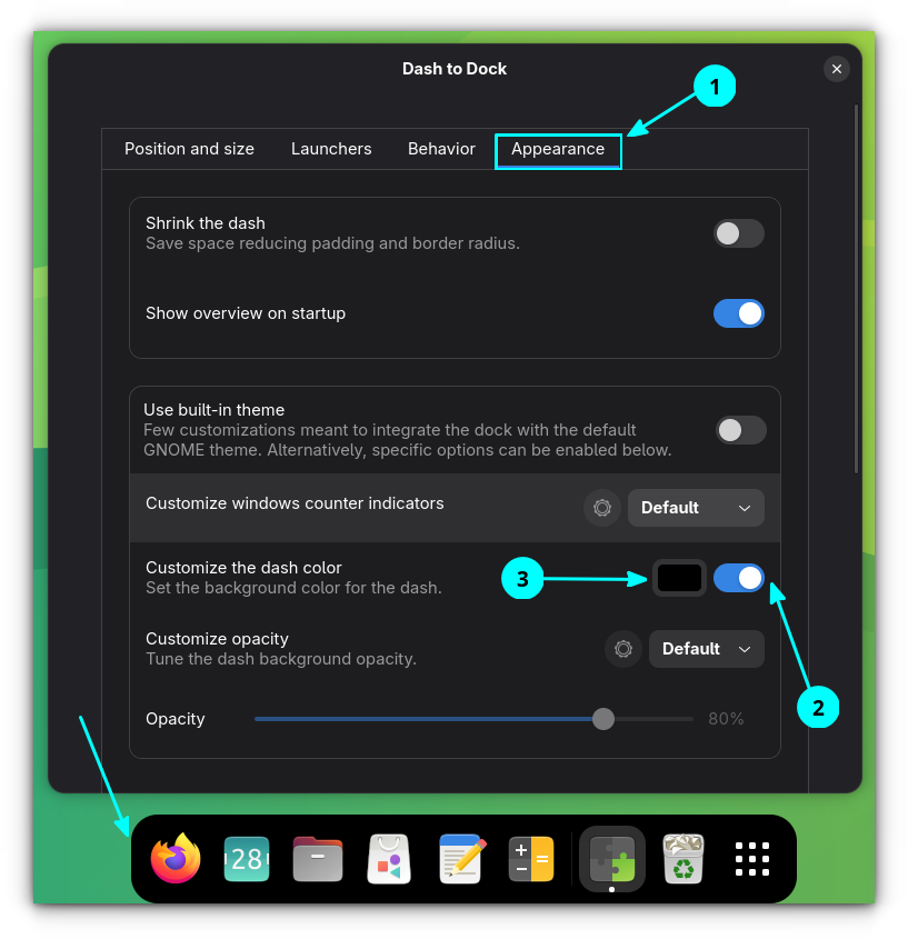 In the Apperance tab, enable the Customize dash color toggle and set a background color of your choice.