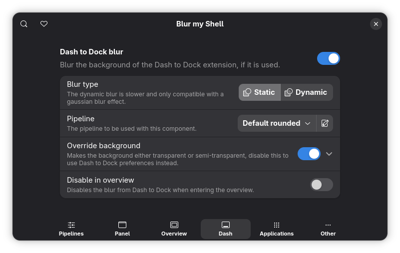 Dash to dock customization option in Blur my shell.