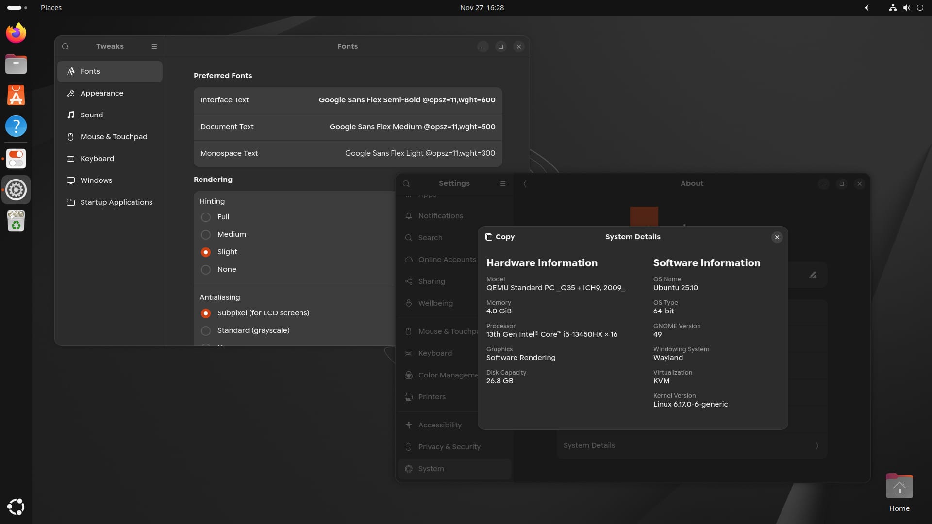 the google sans flex font is shown on a ubuntu 25.10 system here, the gnome tweaks tool is on the left, the system details page is on the right, and in the background is ubuntu 25.10's interface running gnome 49