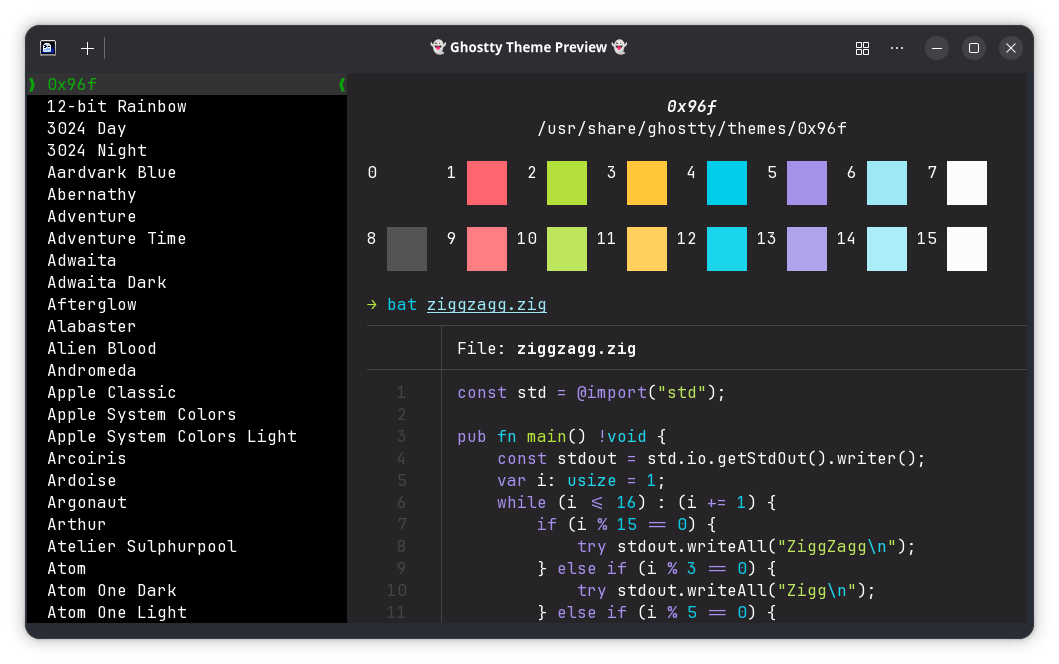 GhosTTY comes with hundreds of themes