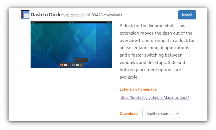 A screenshot of Dash to Dock extension in GNOME Extensions web page, where you can install it using the Install button.