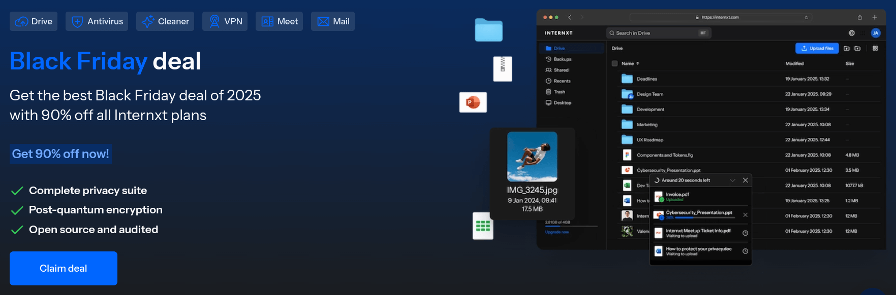 the black friday deal page for internxt is shown here with some important text on the left, and some illustrations of internxt on the right
