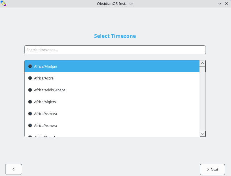 Time zone section for ObsidianOS install