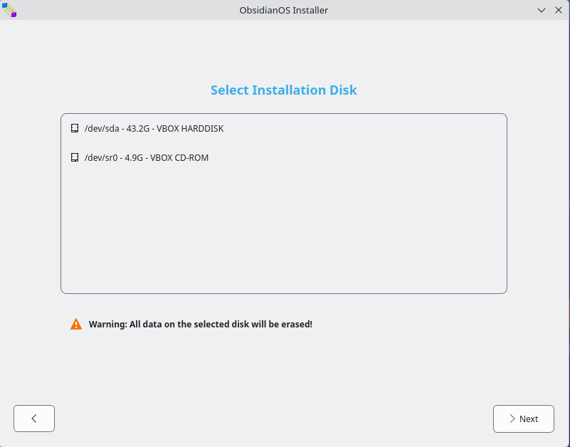 Selecting the target disk for ObsidianOS