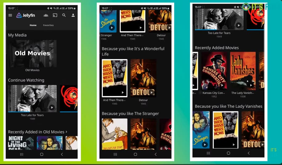 Screenshot showing watching contents on Android smartphones using Jellyfin app.