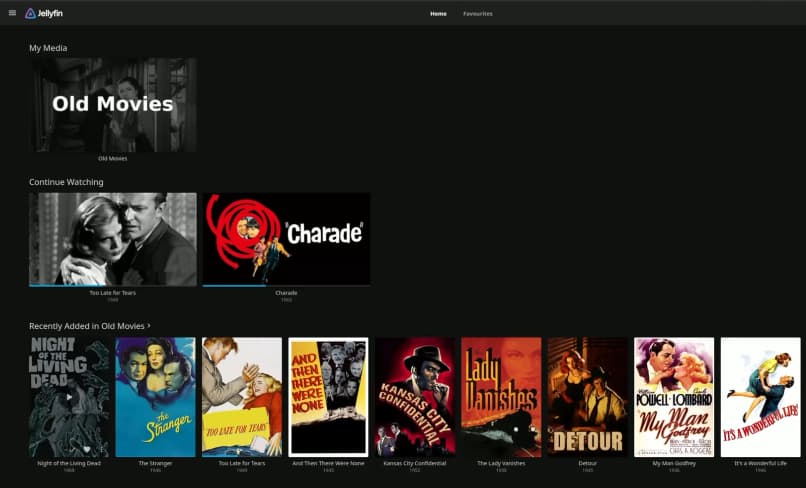 Home page of Jellyfin, listing media in an elegant way.