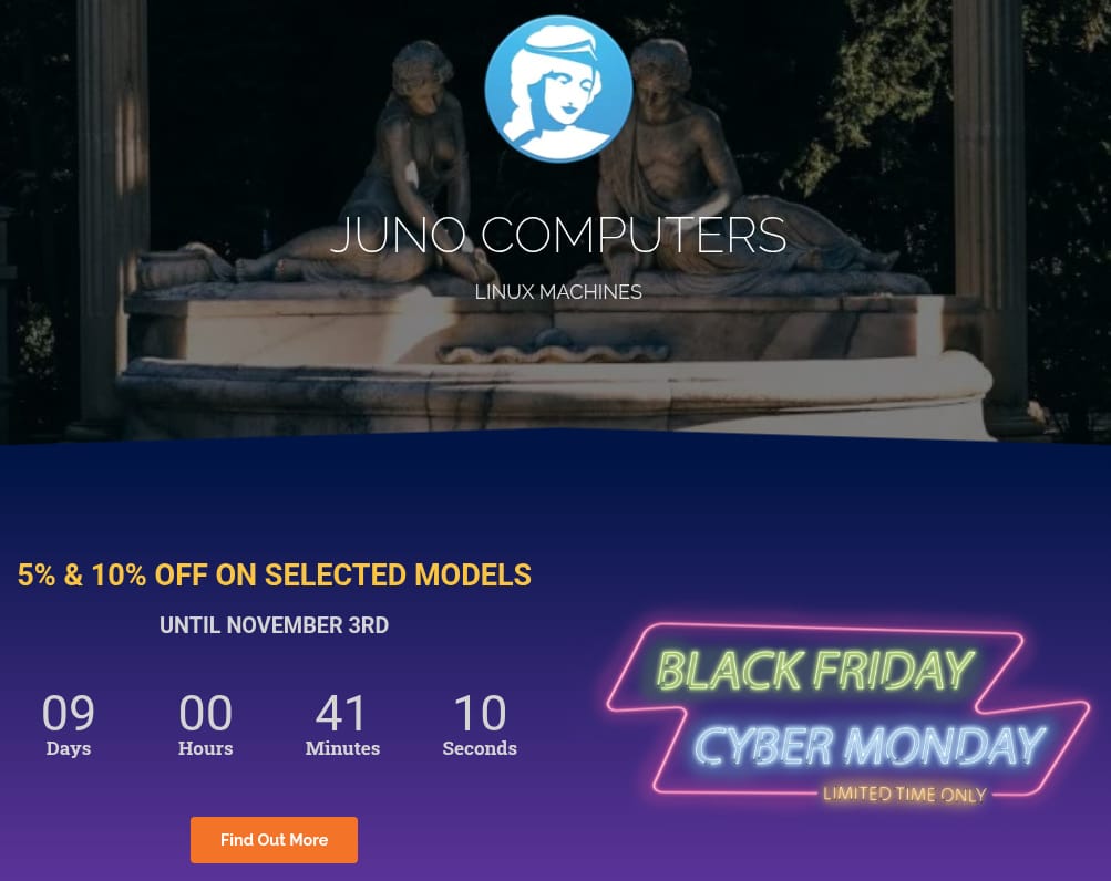 juno computers website showing their purple/pink colored black friday cyber monday sale banner with the timer on the left