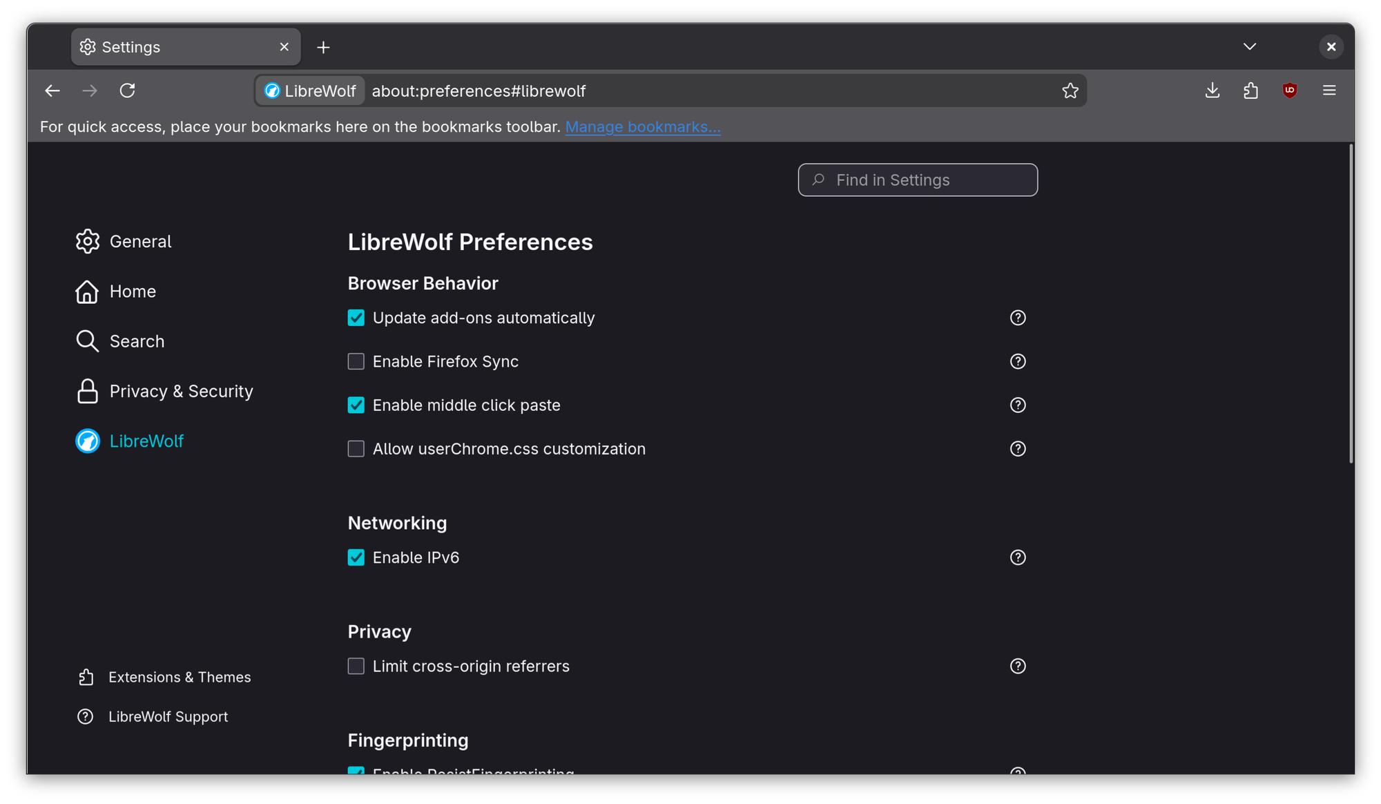 LibreWolf Browser Interface