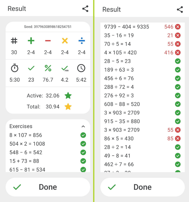 this two-part image shows the results page of a arithmetic test done in the mental math app, there are some interesting metrics showing how I performed (miserably)