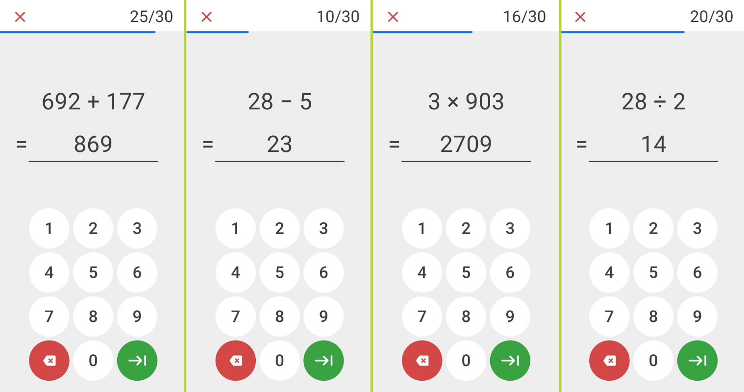 this four-part image, from left to right, shows the addition, substraction, multiplication, and division arithmetic tests on mental math