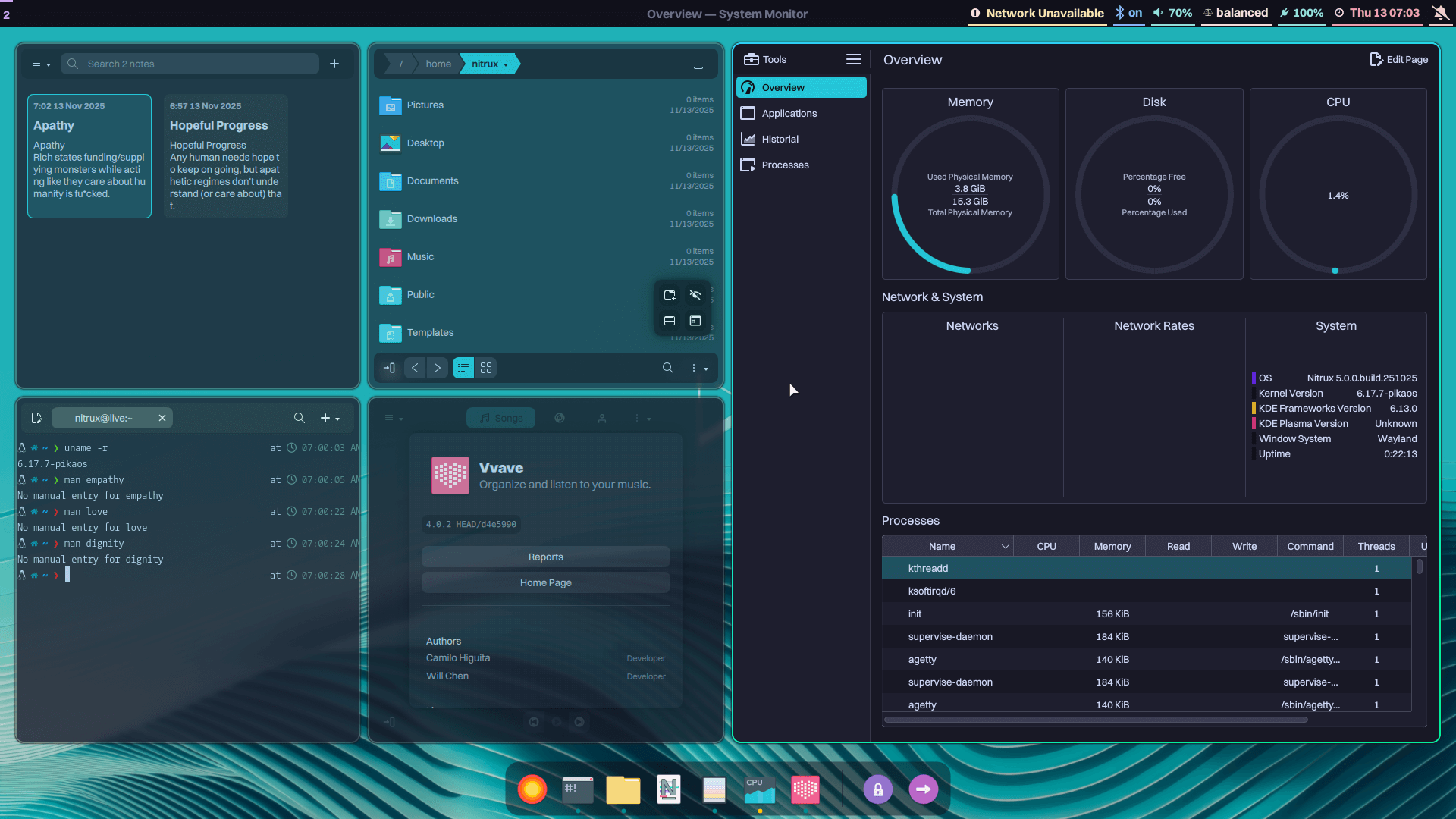 a screenshot that shows nitrux 5.0.0 running hyprland, there are many app windows open, these include (from left to right), a notes app with two important notes, a terminal app with some commands being run, the file manager app with a list of directories, a music player app called vvave, and the kde system monitor app with some system metrics being displayed