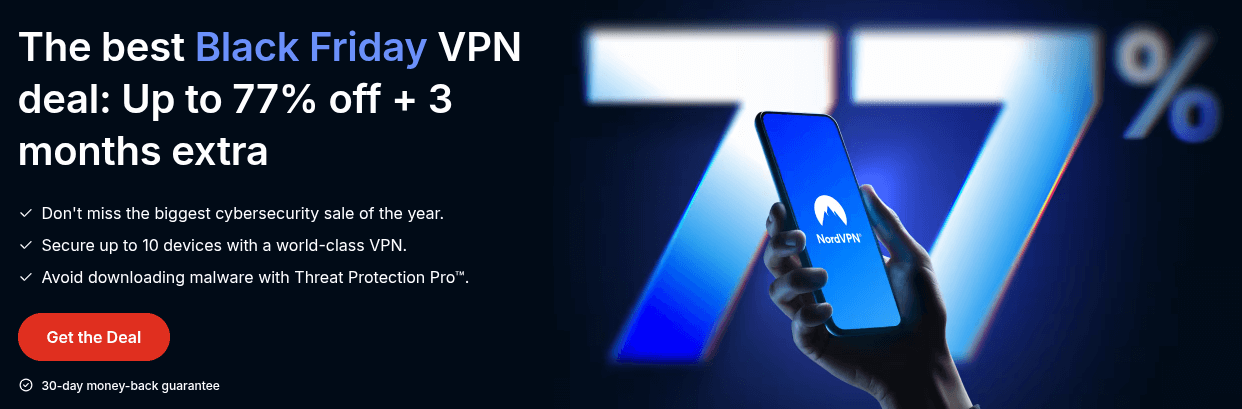 this banner shows a 77% discount on nordvpn as part of their black friday 2025 campaign
