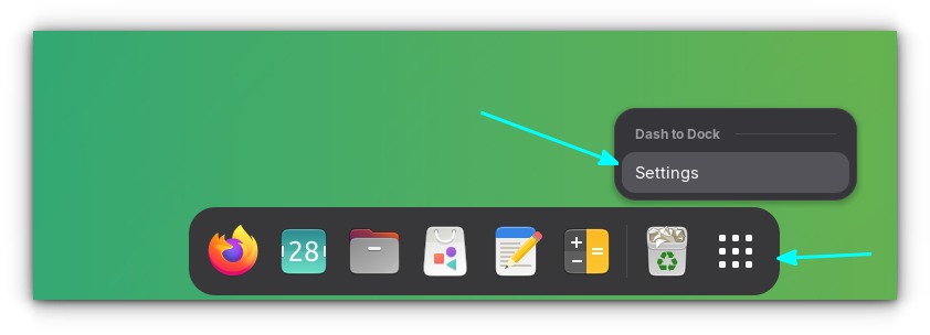 Open settings of Dash to Dock by right-clicking on the application menu button in Dash to Dock extension in GNOME desktop.