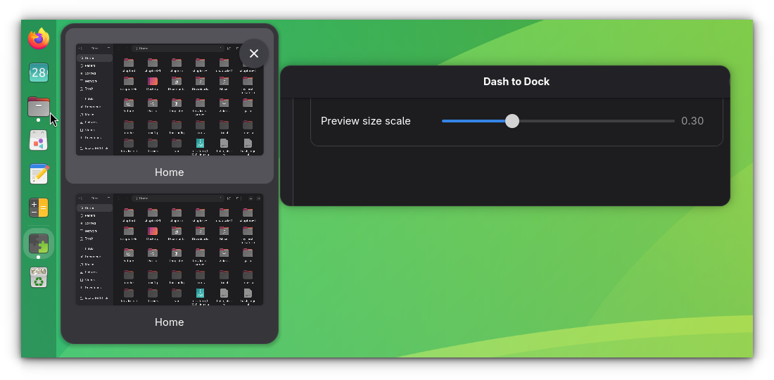 Preview scale in Dash to Dock Position and size settings section.