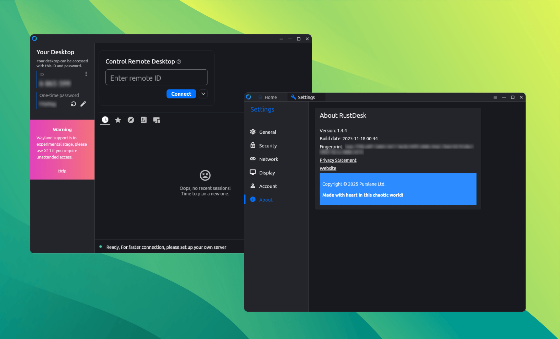 with a mixed green background, this picture shows two distinct screenshots of the nightly version of rustdesk 1.4.4, on the left is the home page with remote connection options, on the right is the about page for the app, showing version info, when the app was built, its fingerprint, and so on