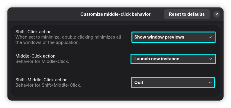 Set additional click actions from the settings dialog box.