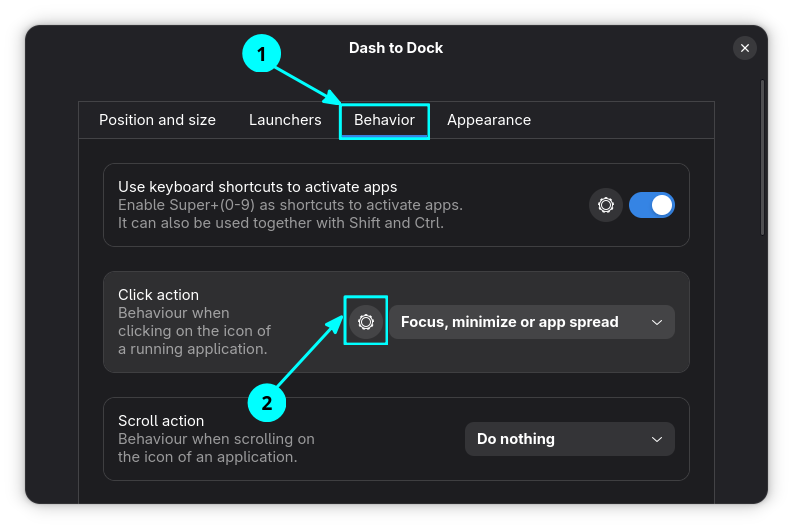 Click on the settings gear adjacent to the Click Actions option in the Behavior tab of extension settings.