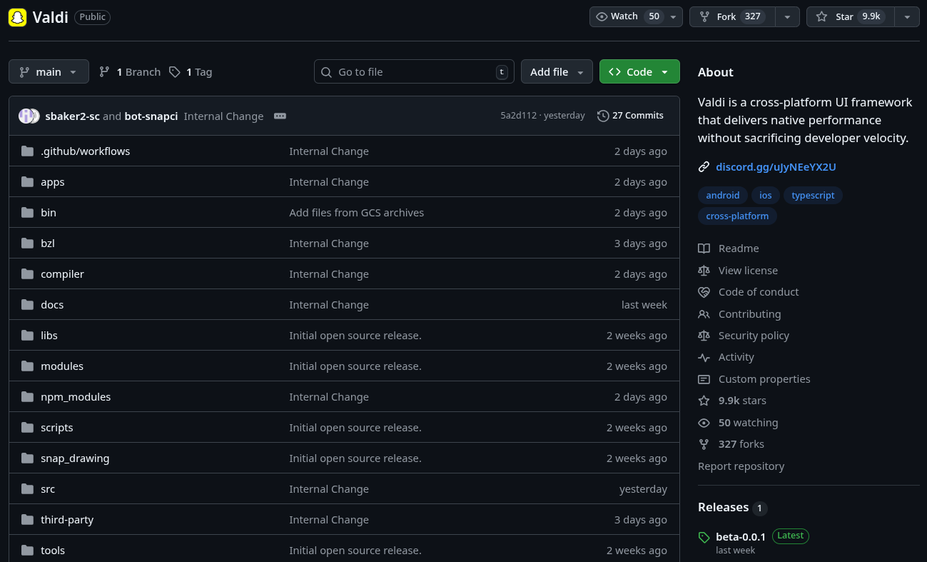 this is a screenshot of snapchat's valdi project's git hub repository, there is a list of folders on the left, and some information on the right