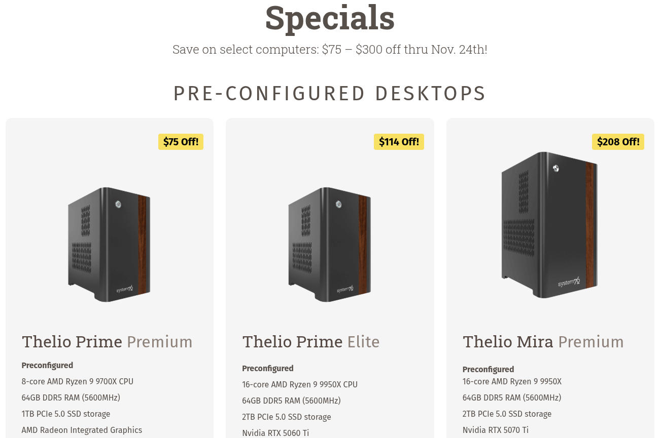 this is a screenshot of the system76 specials page that lists some thelio devices below