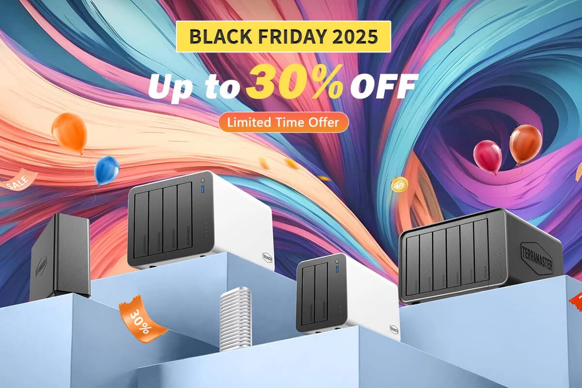this illustration is titled "black friday 2025", with "up to 30% off" written below that. there are five terramaster devices sitting on gray/bluish boxes below that