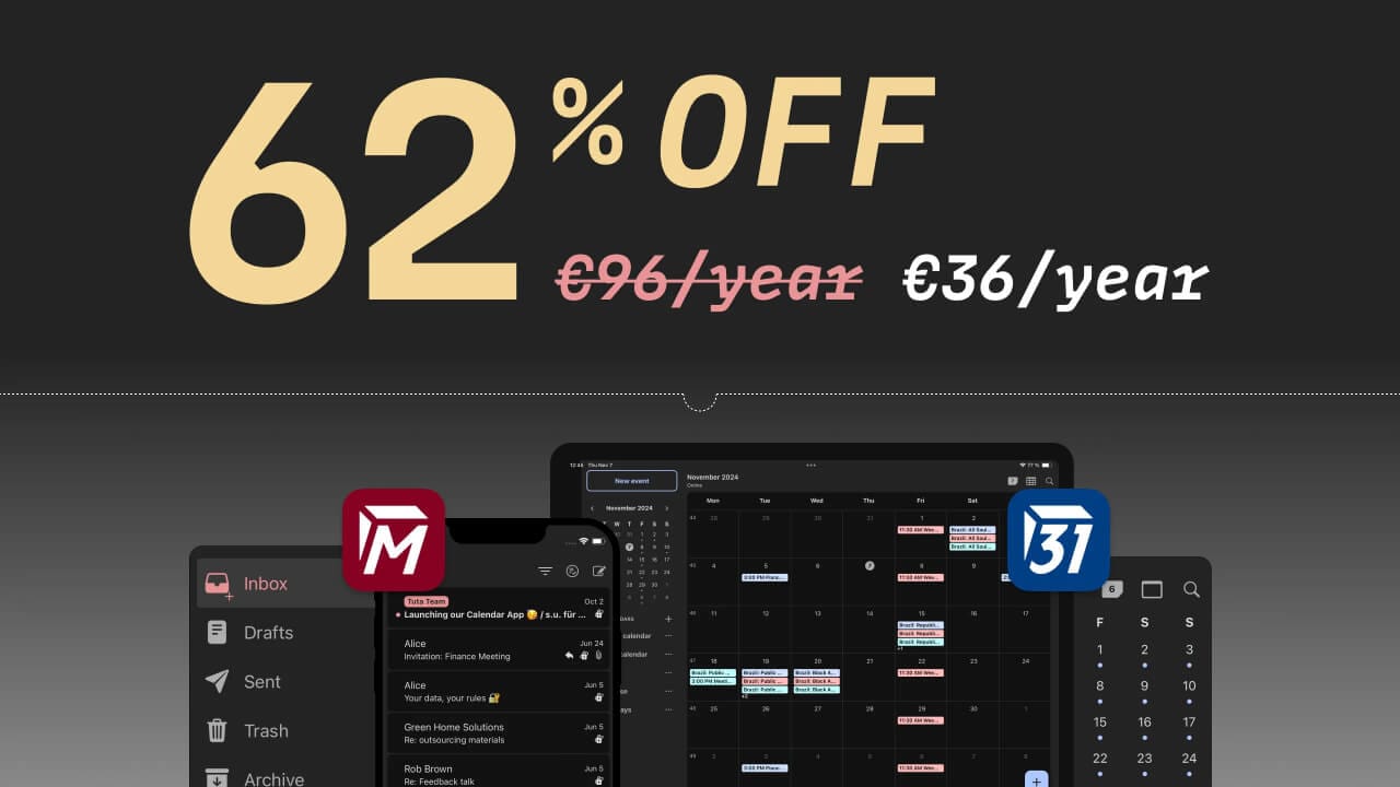 this banner shows tuta's black friday 2025 and cybermonday 2025 deal, with a few mobile and laptop devices below