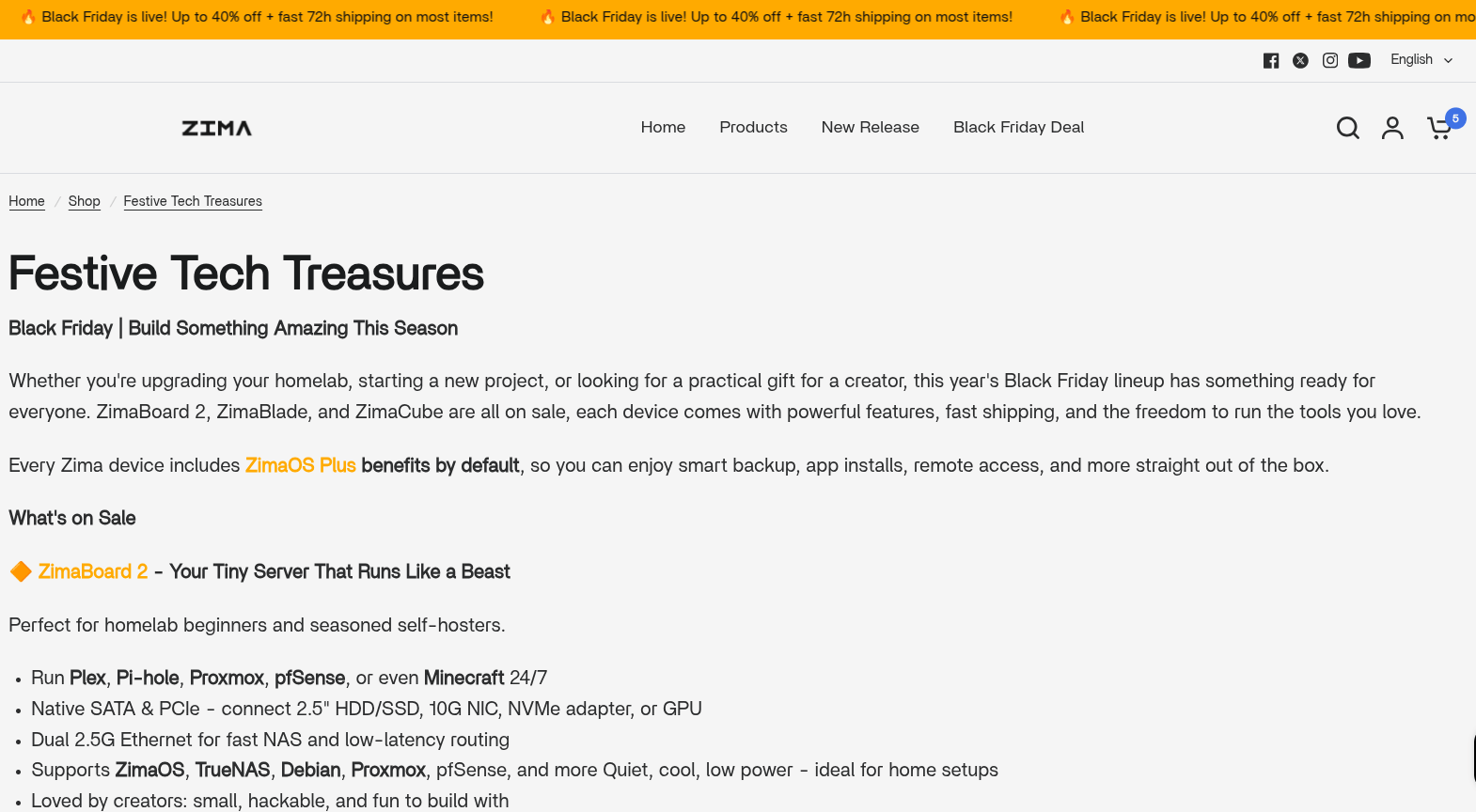 this is a screenshot of the zima festive tech treasures page, which has a lot of text in and a yellow-colored black friday is live banner at the top