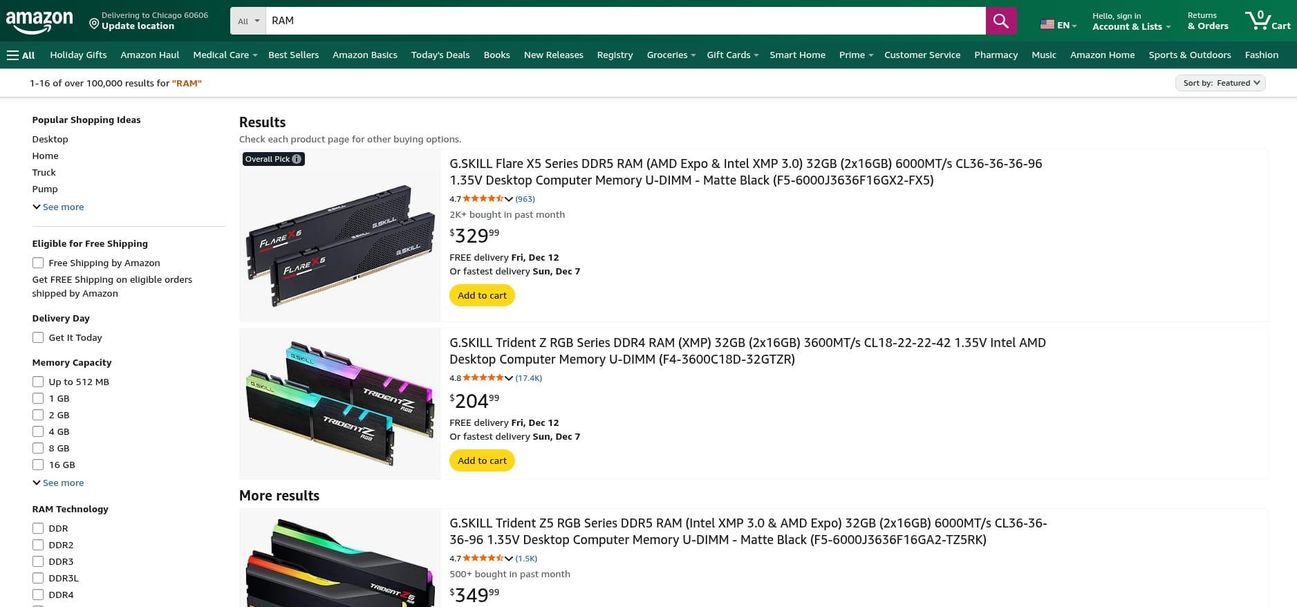 this screenshot shows a search for the term "ram" on amazon.com, the zip code is for chicago (60606)