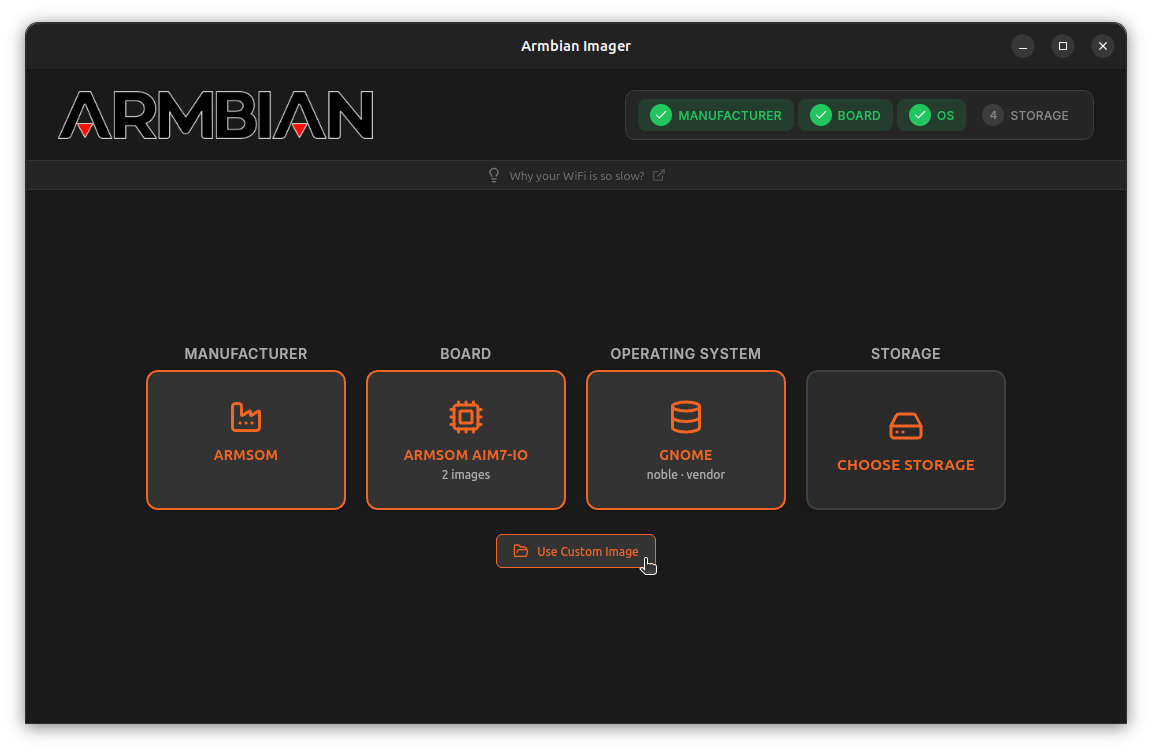 armbian imager is shown in this screenshot with the manufacturer, board, and operating system selected, the storage option has been left empty