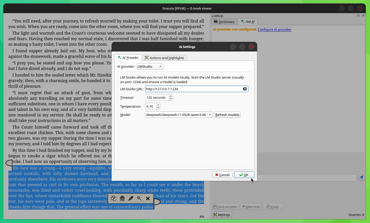 an ai settings configuration dialog on calibre that has details for lm studio entered inside it