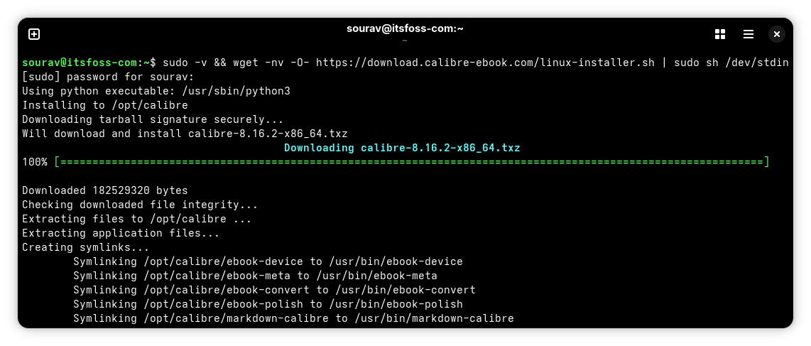 this screenshot shows a terminal window with the output for the wget command used to install calibre on linux