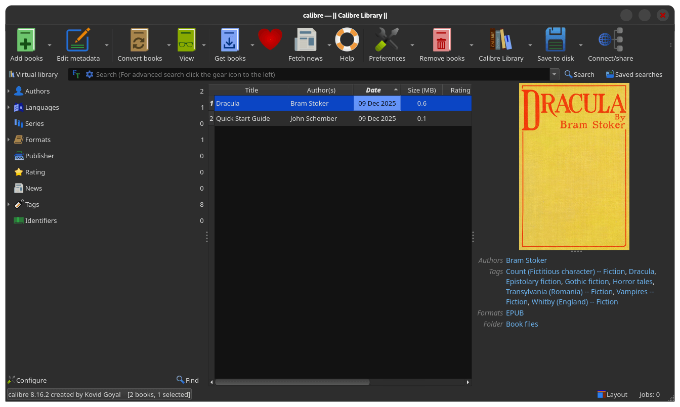 this is calibre running on a linux system with a book by bram stoker, dracula, selected