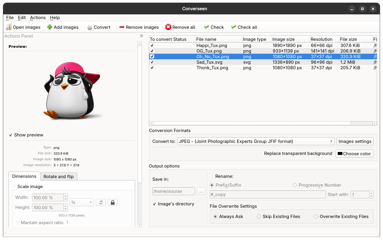 this is converseen running on a linux system with five images of png and svg formats added to a queue for conversion to jpeg
