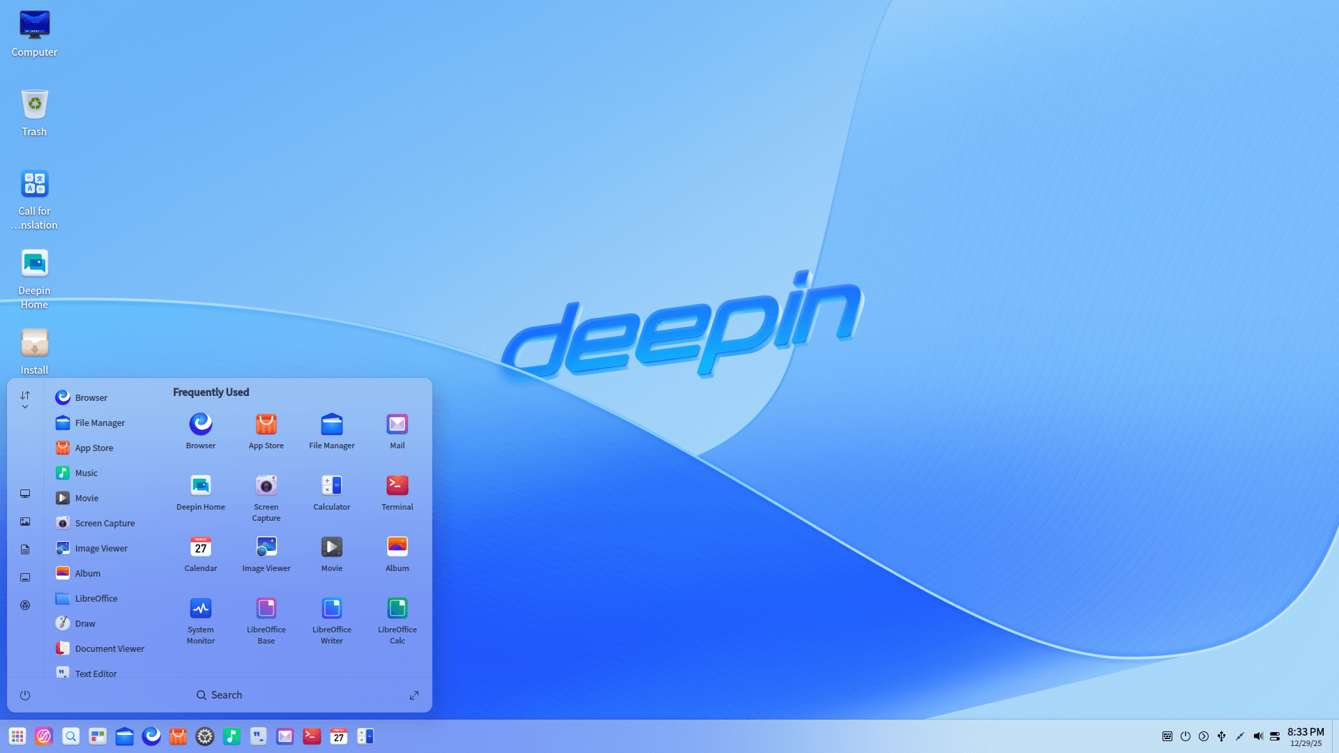 deepin desktop with app drawer visible
