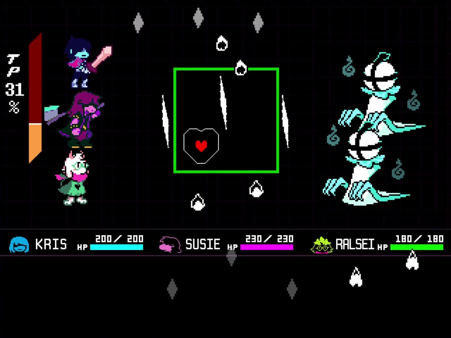 this picture shows a battle between the protagonists and some enemies of deltarune