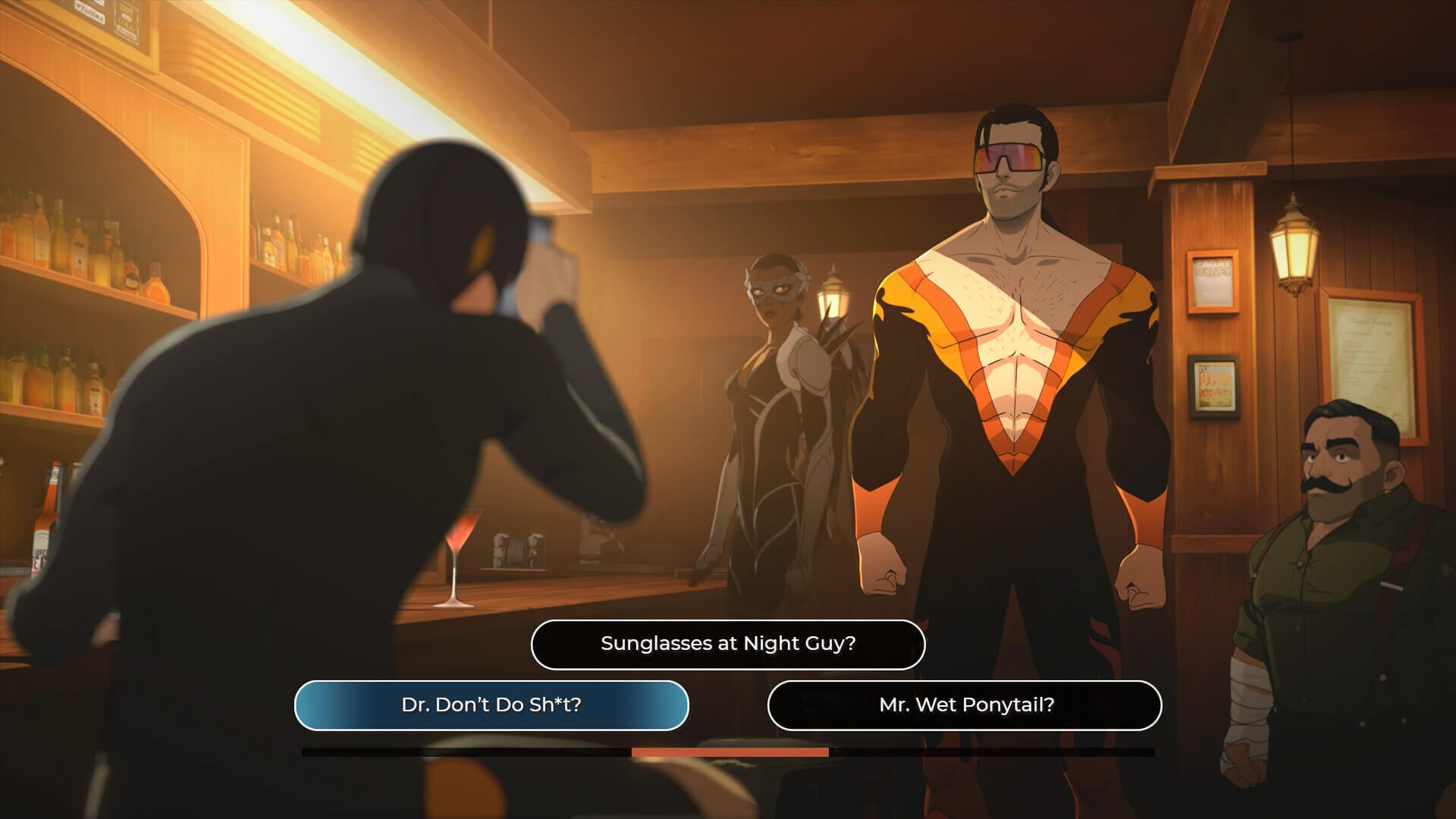 four characters are shown in this screenshot with a dialog selection option in the foreground