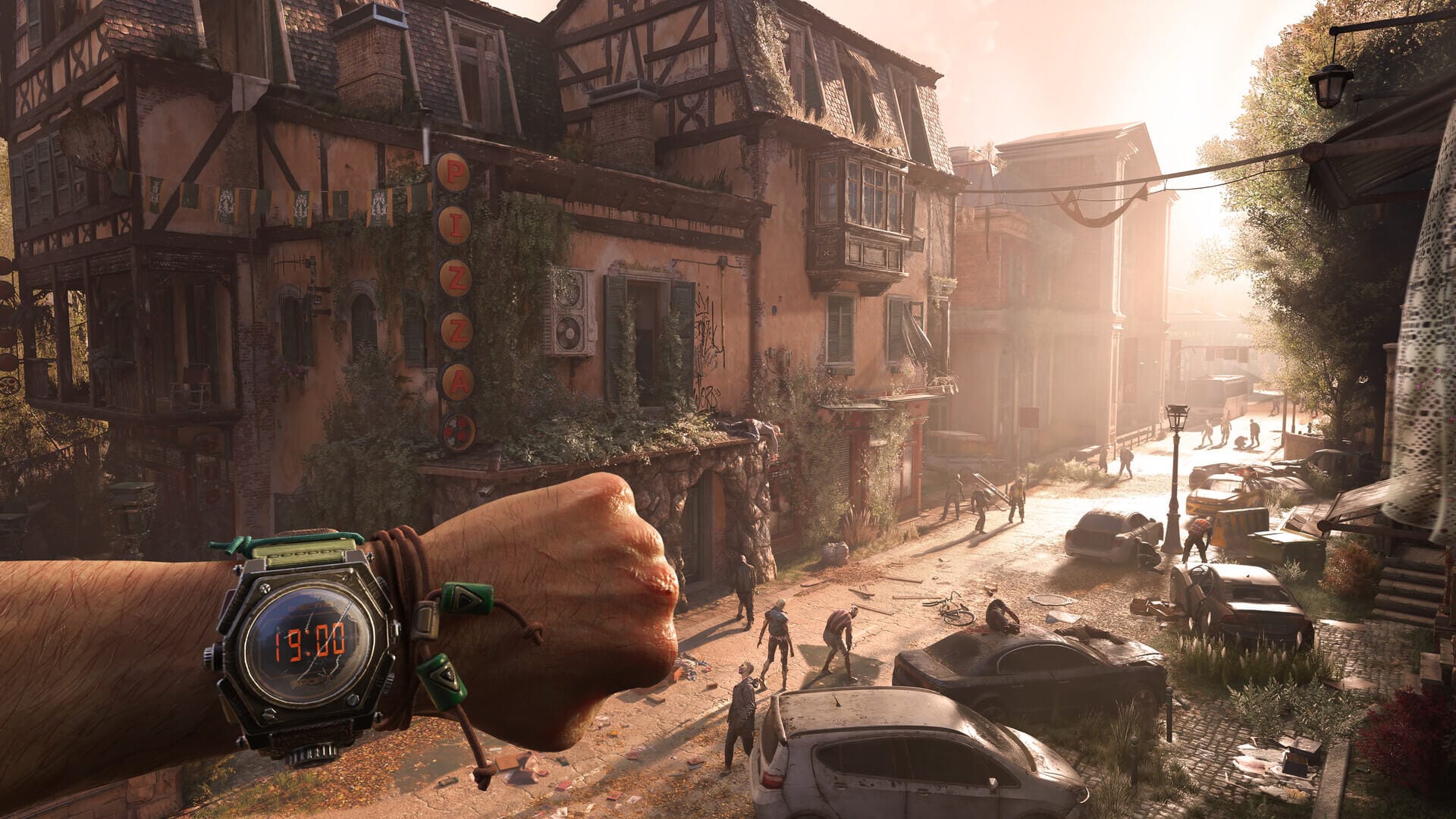 the player is seen checking the time on his wrist watch, and the background has many zombies just standing aimlessly on a main street with abandoned cars and buildings everywhere