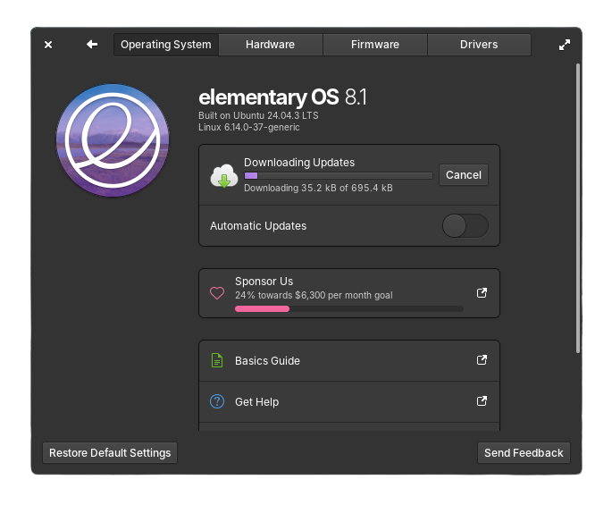 the system update dialog for elementary os 8.1 is shown here with updates being downloaded
