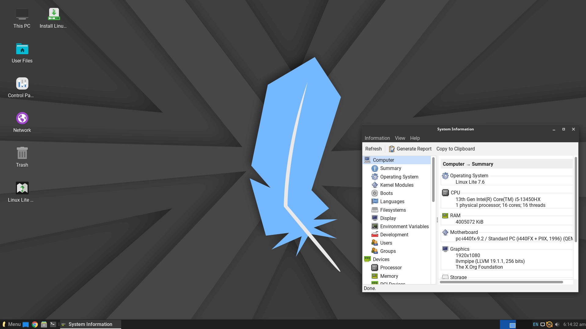 linux lite 7.6 desktop with system information dialog open