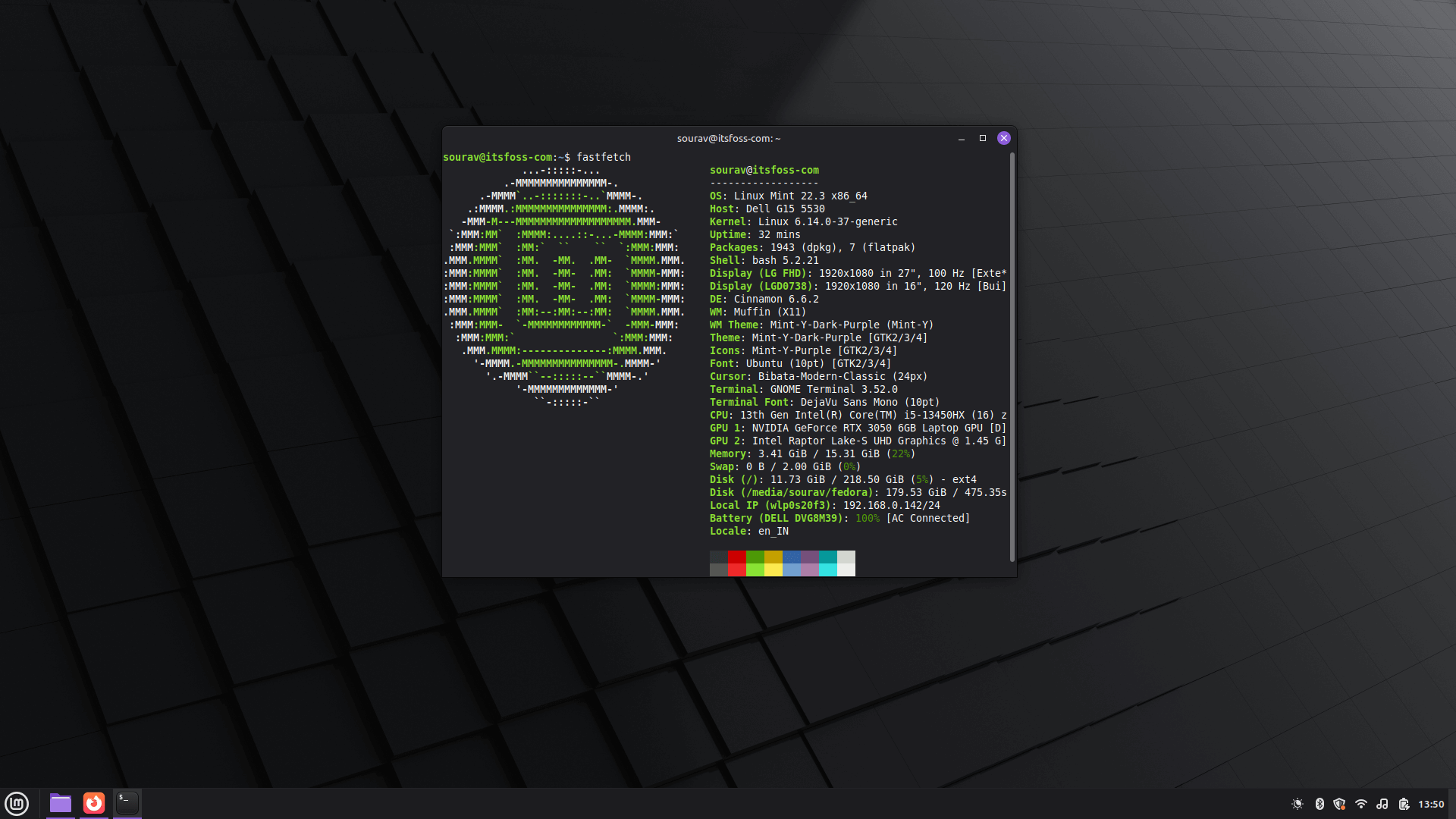 this screenshot shows a desktop view of linux mint 22.3 "zena" with the fastfetch output shown inside a terminal window
