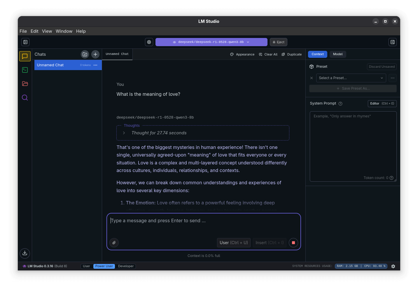 this is lm studio running on a linux system with an ai model loaded, and the prompt, "what is the meaning of love?"