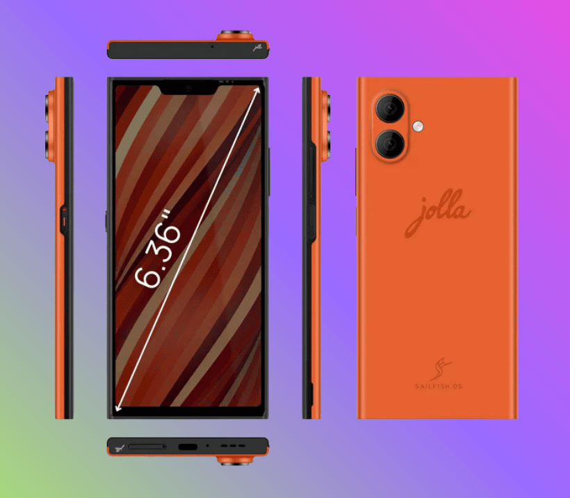 this illustration shows all the sides of the new jolla phone, with one of them showing the dimensions of the on-board display, which is 6.36 inches