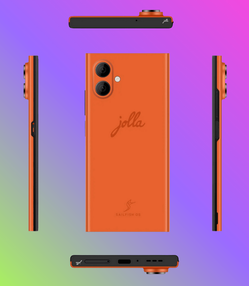 this illustration has a mixed green/blue/purple background, with the sides (back, right, left, top, bottom) of the orange-colored (called the orange) model of the new jolla phone being shown except the front display side.
