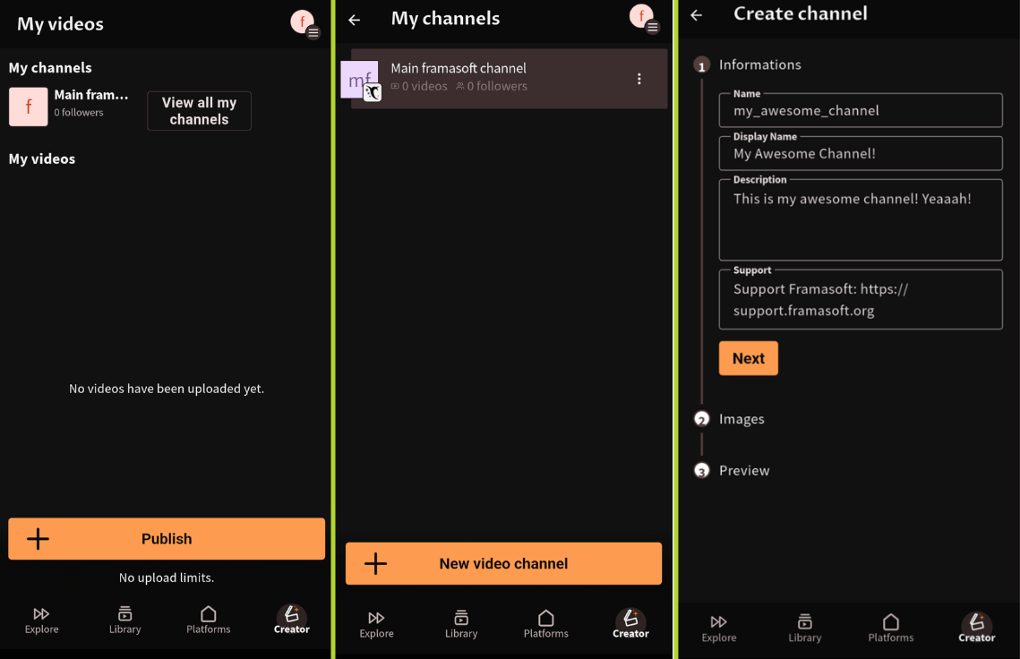 this 3-part collage shows three screenshots of peertube mobile app's new creator mode