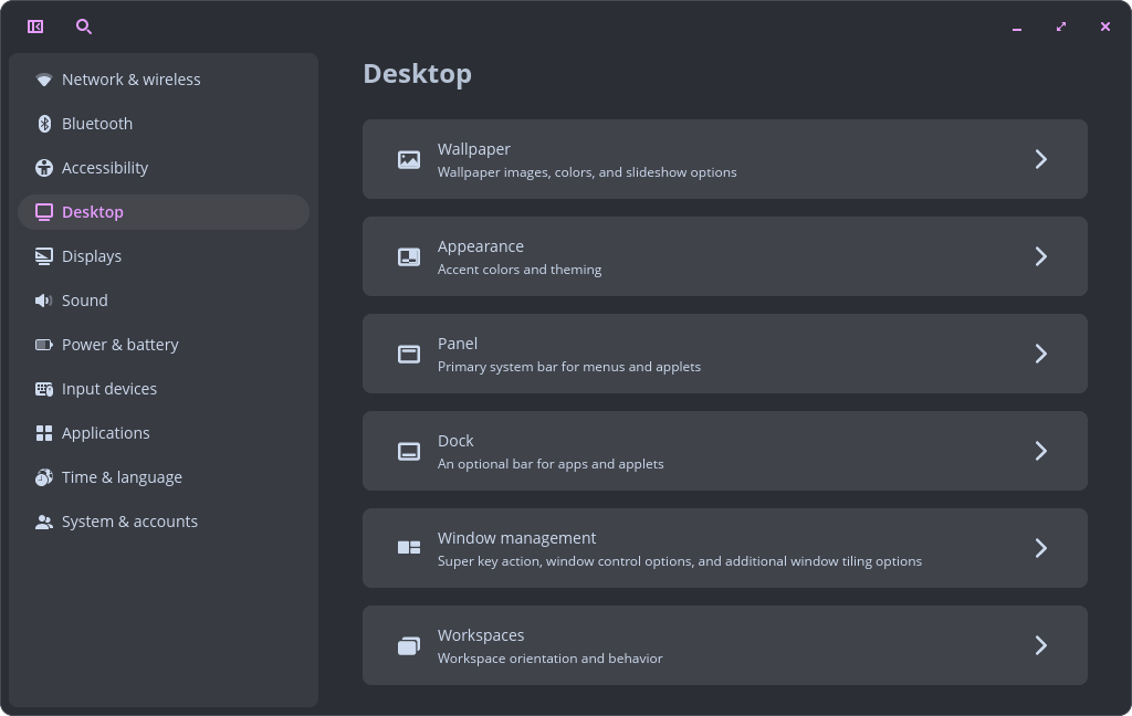 the desktop customization for pop!_os 24.04 lts is shown here with many items like wallpaper, appearance, panel, dock, window mangement, and workspaces
