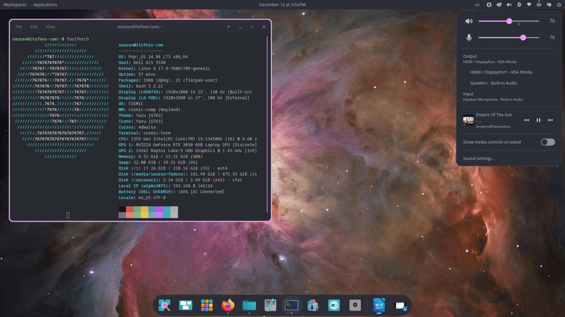 this is a picture of pop!_os 24.04 lts running the fastfetch command in the terminal with the sound panel dropdown being visible on the top right with media controls for a song visible