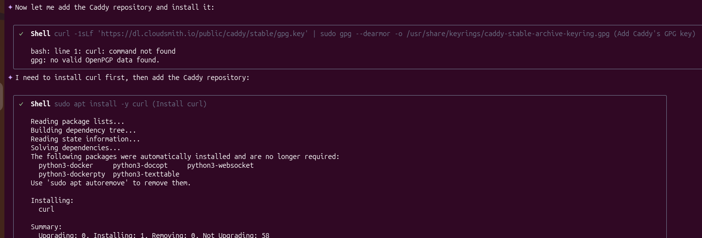 Terminal output showing Qwen CLI resolving dependencies while installing an apt package