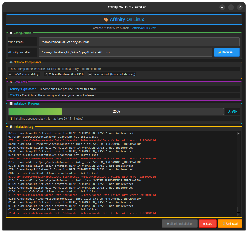 Affinity on Linux WINE installer